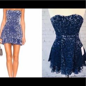 Revolve Martha strapless blue velvet mini dress